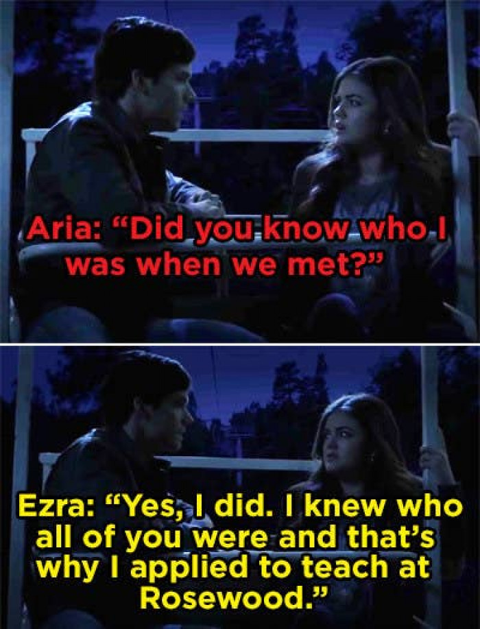 2. Bad plot twist: On Pretty Little Liars, Ezra confessed that he met Alison and understood who Aria was before they 