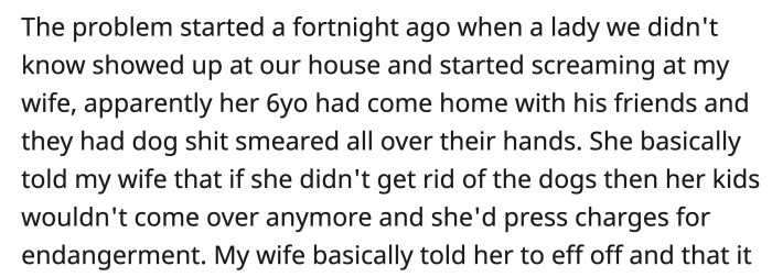 Then someone showed up at their house, a lady who scolded OP and his wife because her kid (along with some others) went to their yard to play and ended up going home with poop all over their hands