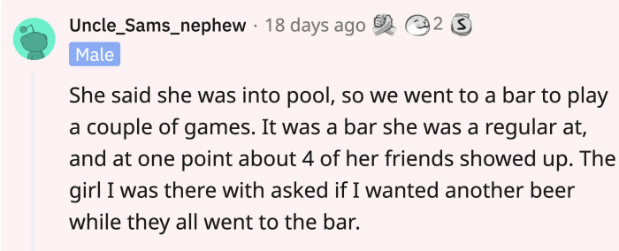 Hope OP gave that bartender a great tip because that’s a true bro moment