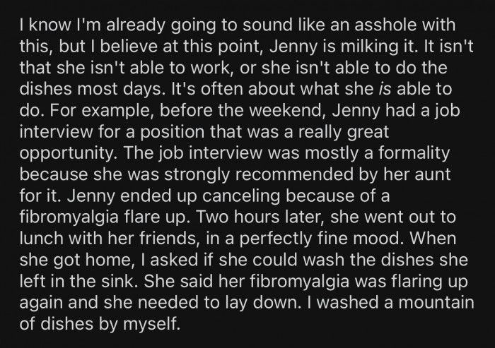OP suspected that his girlfriend uses her fibromyalgia as an excuse to avoid doing things.