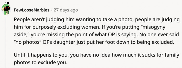 This comment came about after someone commented to put the misogyny aside. They deleted that comment afterwards.