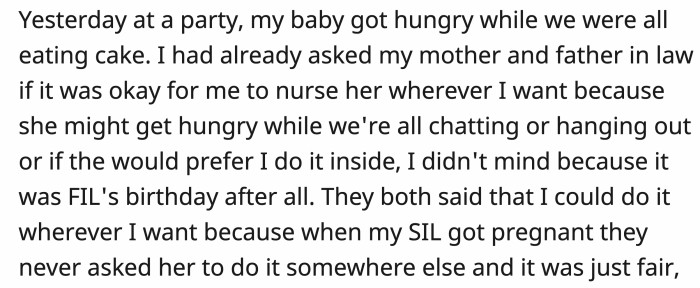 OP had already asked for permission before the party if she could breastfeed without having to go somewhere private, and the in-laws gave her the go-ahead since they let SIL breastfeed wherever, too.