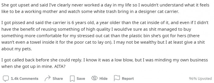 The cat owner knew exactly how to shut the jealous lady down.