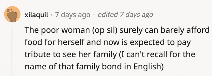 The groceries that they were requiring her to bring might have been her own groceries for college