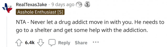 The mother should take strict action and should not let him in until he fully recovers from rehab.