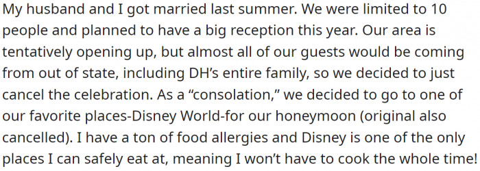Newlyweds choose their favorite place for the honeymoon, and because of OP’s food allergies, Disney World was an excellent choice.