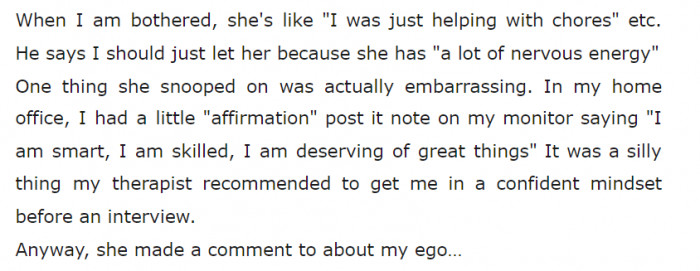 Her MIL came across an affirmation during one of her snoops and made a comment to OP about her ego