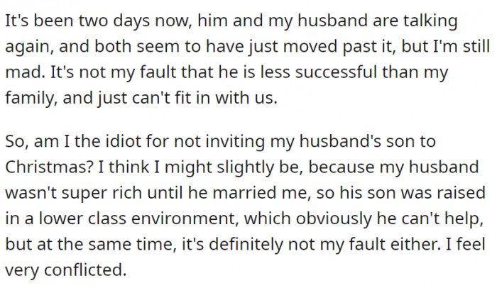 She's asking if she's the idiot for not inviting her husband's son for Christmas.