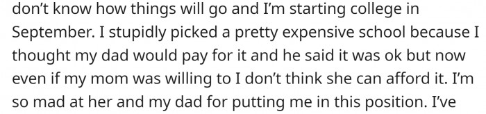 He is starting school soon and is afraid his parents won’t pay for it.