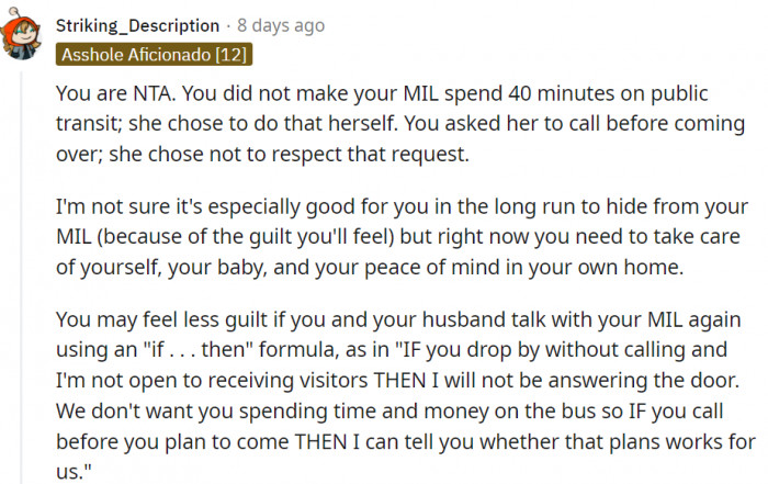 Her mother-in-law chose to spend 40 minutes on public transit on her own.