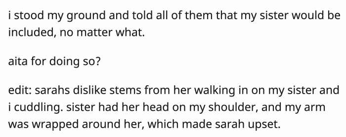 Breaking news: Sarah doesn't like OP's sister because she caught them 