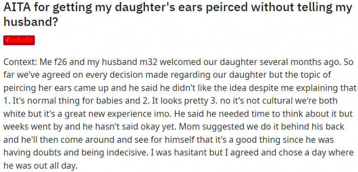 A woman is asking if she's at fault for piercing her daughter's ears