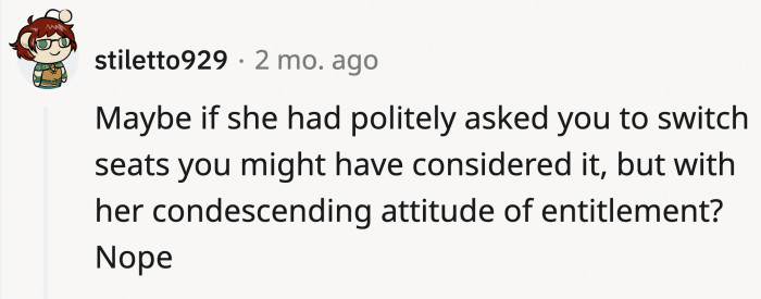 There could’ve been a better way for the lady to ask OP if she could have the seat instead