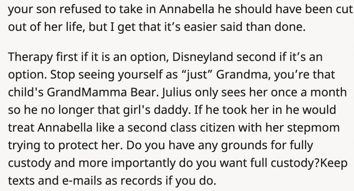 This doting grandma should prioritize Annabella's well-being and get her into therapy as soon as possible.