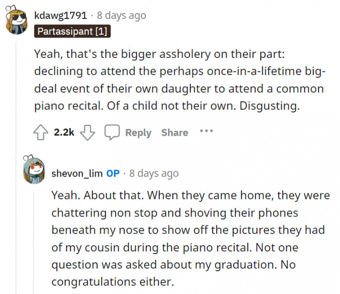 That really must have hurt because OP worked so hard for her graduation and her honors, and her parents didn't even congratulate her