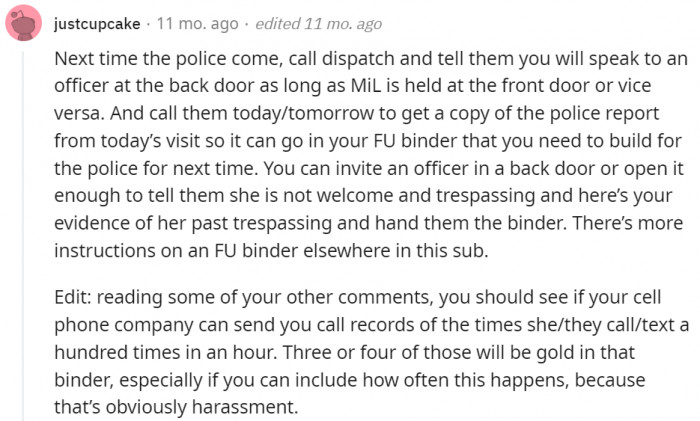 Get a copy of the police report as well as a copy from the mobile network provider to prove that she was harassed and bombarded with text messages.