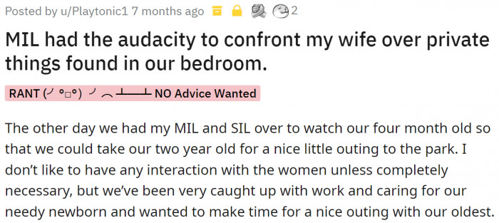 The original poster and his wife had to ask his mother-in-law and sister-in-law to take care of their 4-month-old baby.