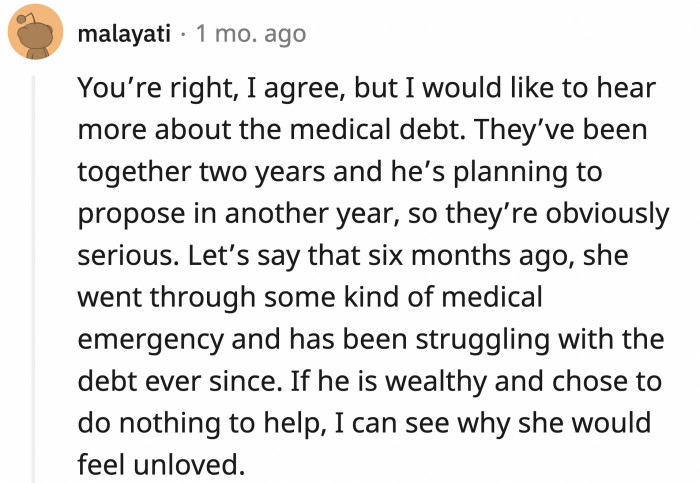 Redditors were asking for more context on the medical debt before making their judgment.