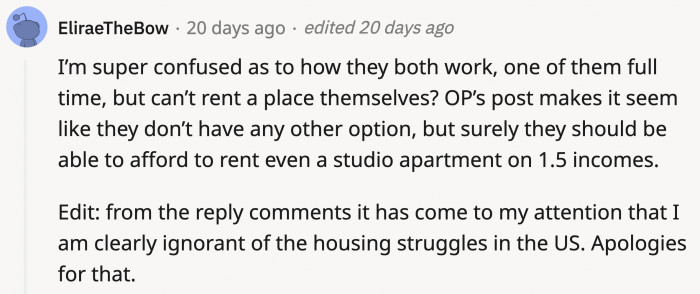 A curious commenter asked how they can't afford to live on their own and quickly realized how real the housing crisis is