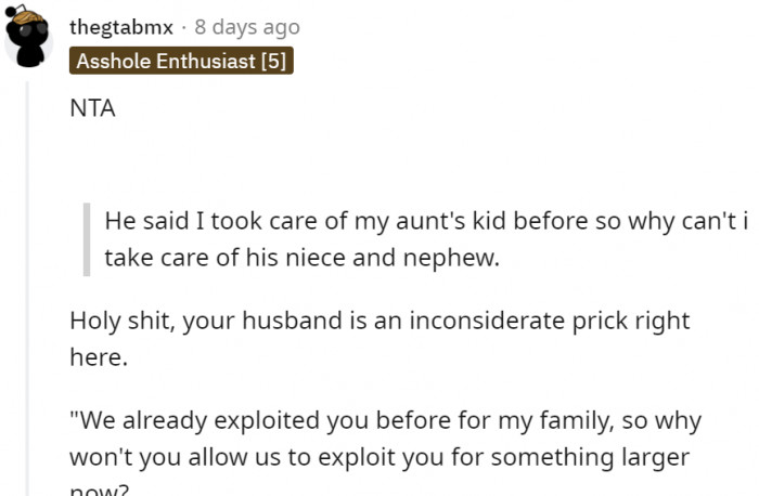 Her husband sounds very inconsiderate here.