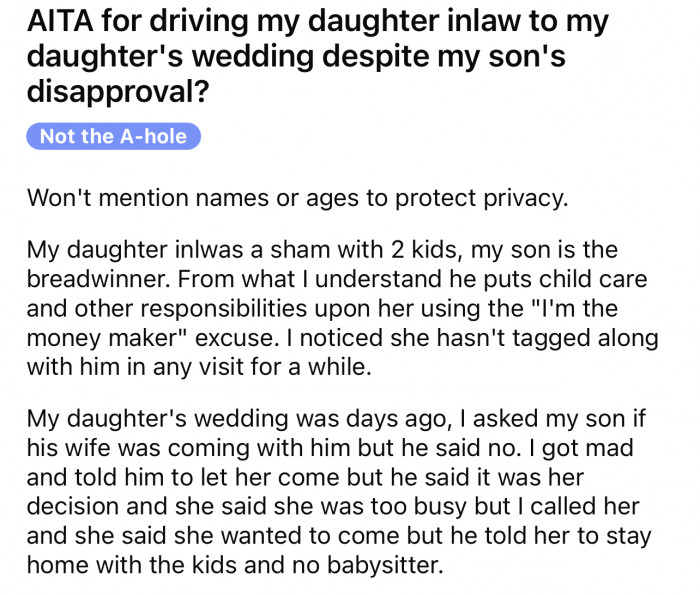 The mother-in-law comes to Reddit on an AITA thread.