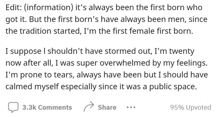 Later, the woman updated her post with some further details. She explained that she was the first female firstborn in her family.