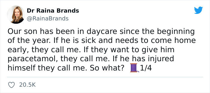 The story began when the daycare where her son attends called her every time they had an emergency or questions, even though she instructed them to direct their calls to her partner.