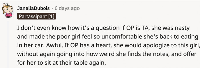 This Redditor urged her to apologize and suggested ways to invite the girl to have lunch with them again