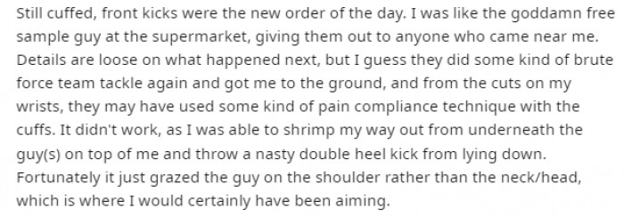 Cuffed and in defense mode, he was dishing out front kicks to the officers whom he thought were invaders.