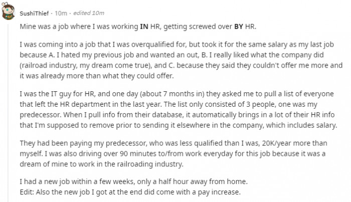 37. “Working IN HR, getting screwed over BY HR”, this one is interesting.