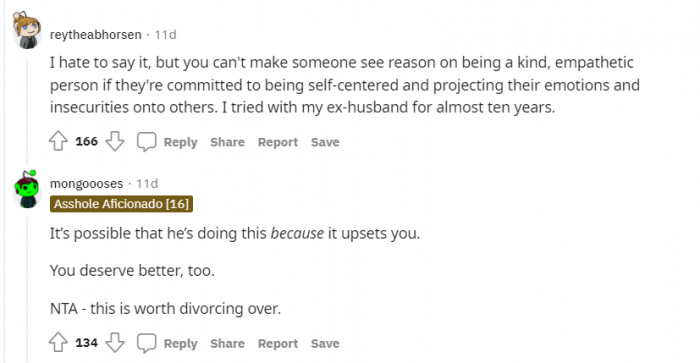 Been there, done that, according to one user. Then other one drops the bomb on divorce. 