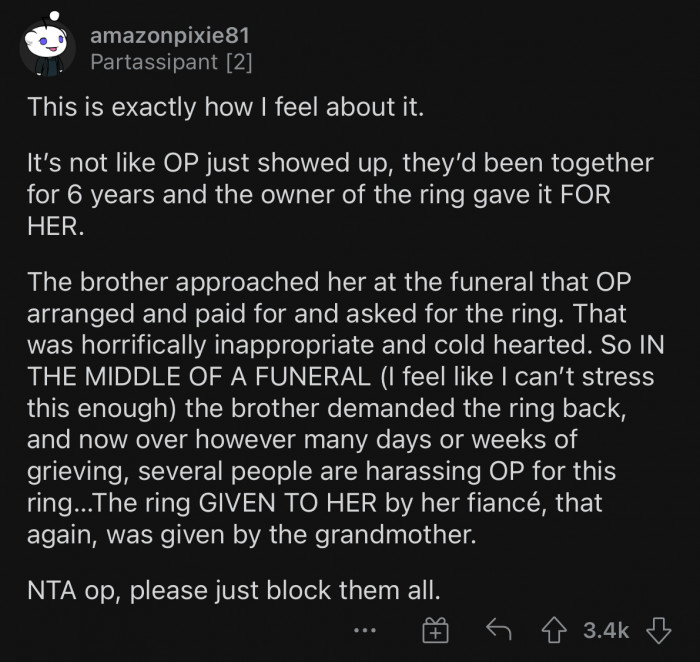 The family is not letting OP grieve in peace.