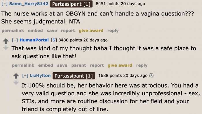 It's unfortunate that the woman only asked a medical question and was judged because of the location of her piercing.