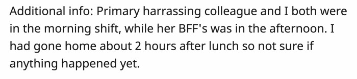 They had different shifts, so OP doesn’t have an update on whether HR has taken any action yet.