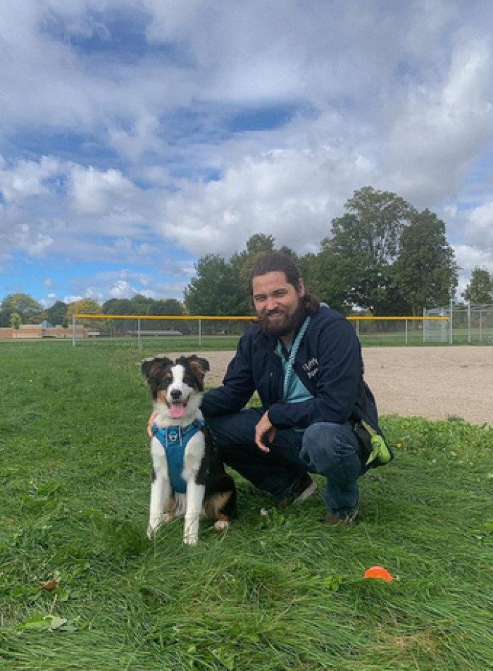 Dipper's training as an Autism Support Dog is for his daddy! After his training, he will be "able to help with sensory overload and social stresses."