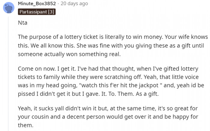 She needs to accept that the ticket was a gift.