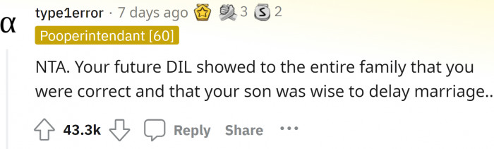 The original poster's son should definitely rethink marrying a person who insulted his mother in front of friends and family.