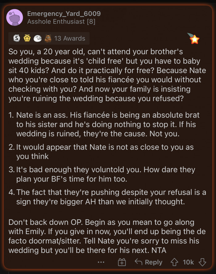 OP can't give in now; she'll end up paying the consequences later.