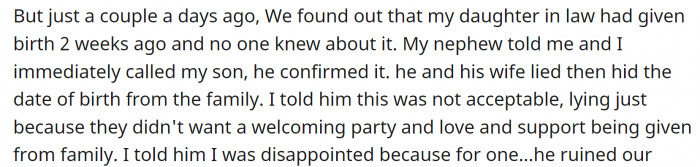 The future parents were against it. But she insisted so much that the new parents decided to hide the fact that she became a grandmother.