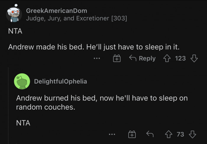 Andrew wishes he had a bed now.