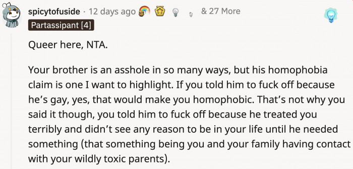 A queer person told OP that she was in no way homophobic in this scenario.