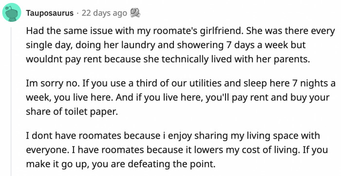 Girlfriend Thinks Her Bfs Roommate Is Rude For Asking Her To Pay Rent Since She Sleeps Over 