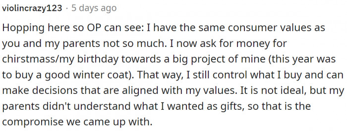 Tip for eco-conscious people who receive gifts from their parents