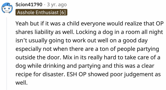 If it were a child, then OP would be to blame as well because the child is their shared responsibility.