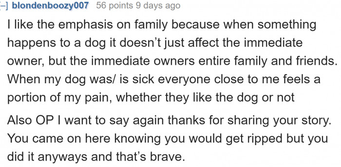 Dogs are family too. In other words, the girlfriend should be held responsible for her dog that harmed a family member.