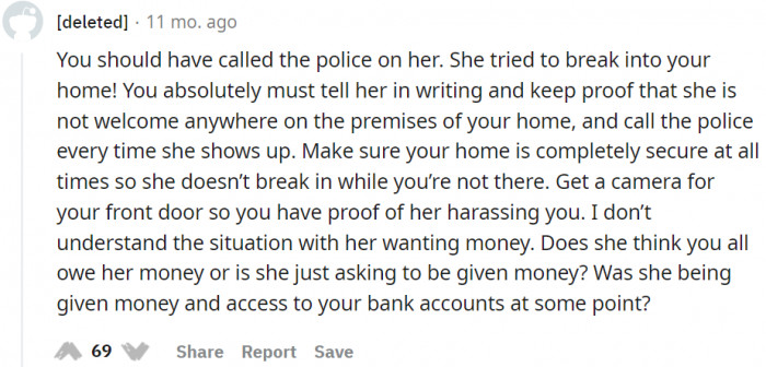 OP should always secure her home and call the police each time the MIL shows up.