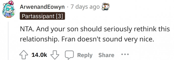 Fran's hateful remarks about her partner's mother show that she does not respect the original poster or any of her decisions.