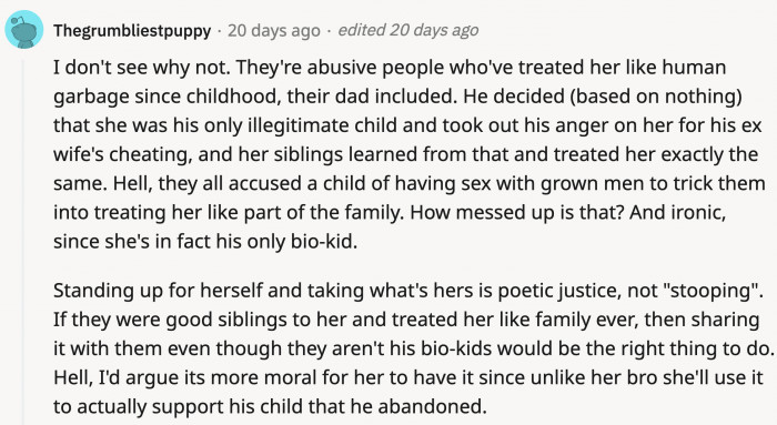 People contest that if OP were to stoop, would it be petty or would it be finally getting justice?