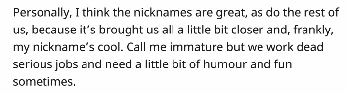 OP enjoys the nicknames, especially as they bring a little fun to a serious work environment