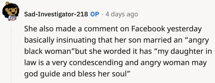 Of course, she's going to downplay this and call OP an 